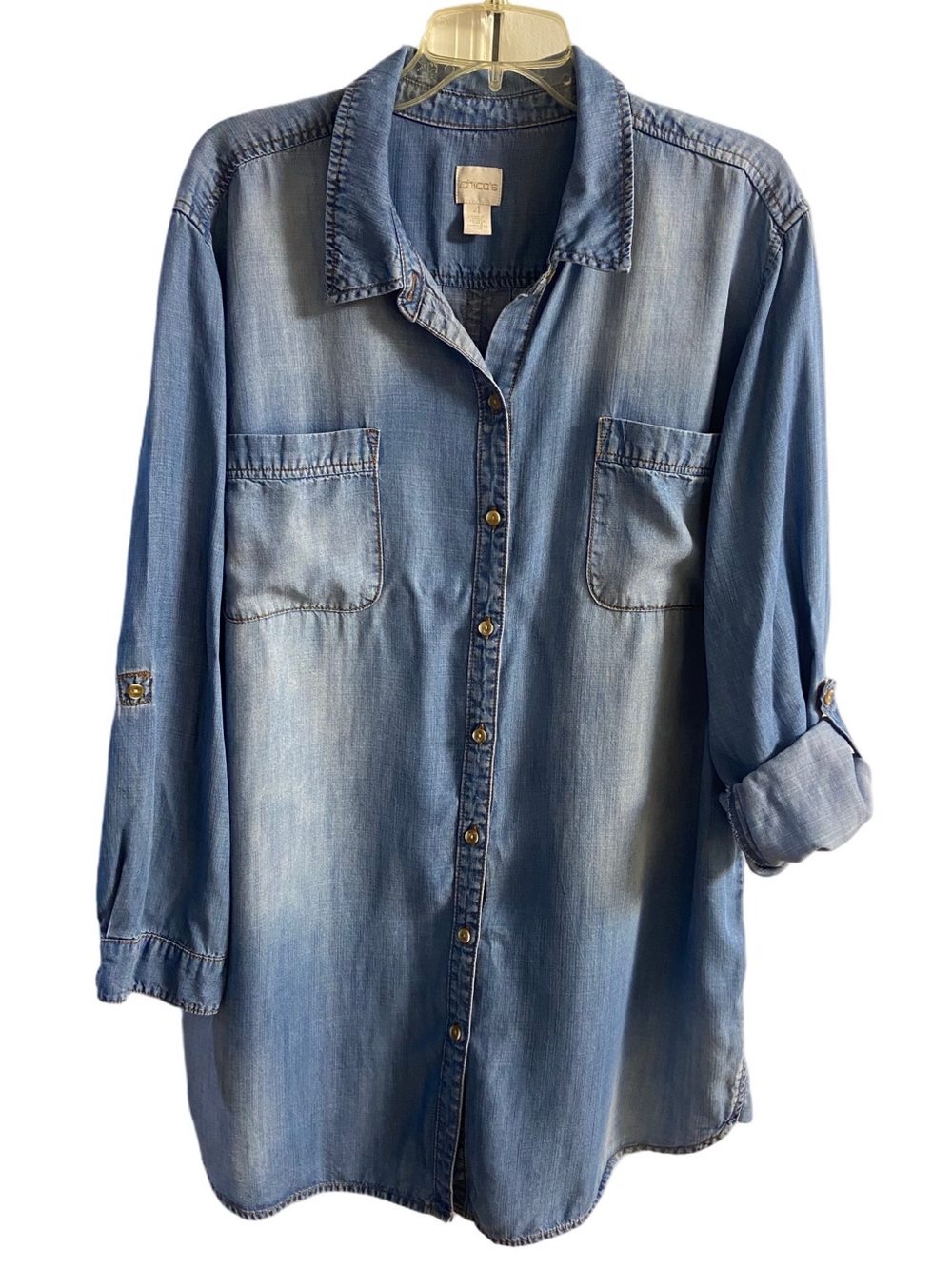 Chico's Denim Chambray Roll-Tab Long Sleeve Button-Down Top Lyocell 2X